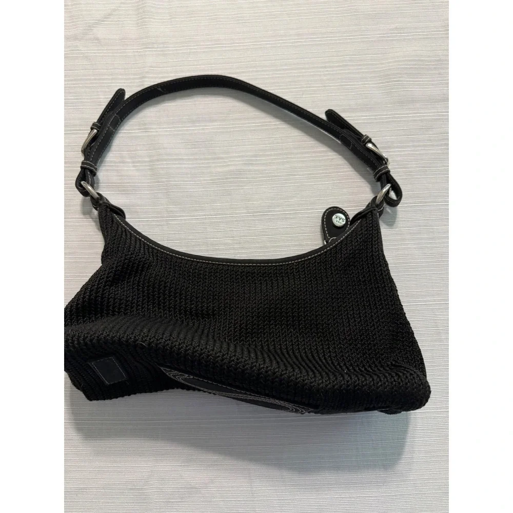 The Sak Black Crochet Shoulder Bag Y2K Hobo Handbag Adjustable Leather Strap